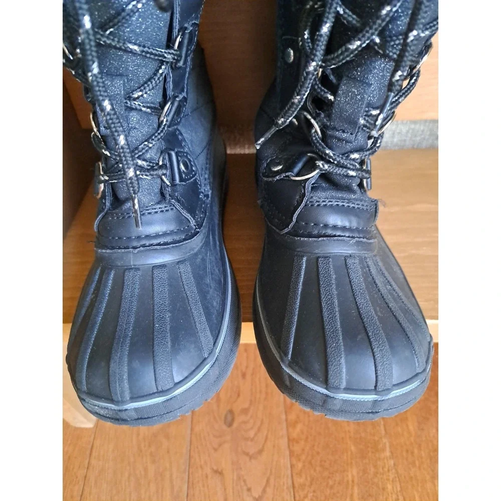 London Fog Kids Winter Black Waterproof Boots Lace-up Quilted Faux Fur Cuff 1.0